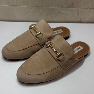 Steve Madden Kandi Beige Suede Mules with Gold Stirrup Accents, 8.5